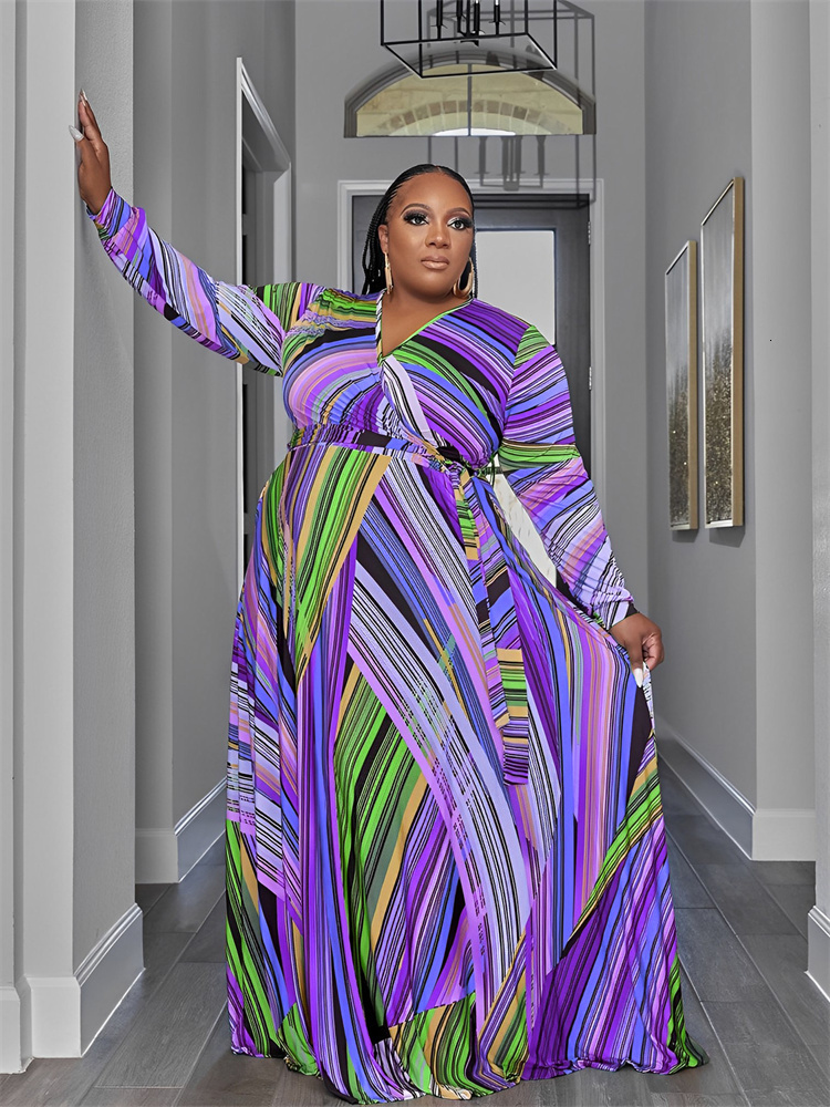 Stylish Plus Size V Neck Long Sleeve Tie Dye Print Maxi Dress Women Elegant And Comfortable Perfect For Any Ocn