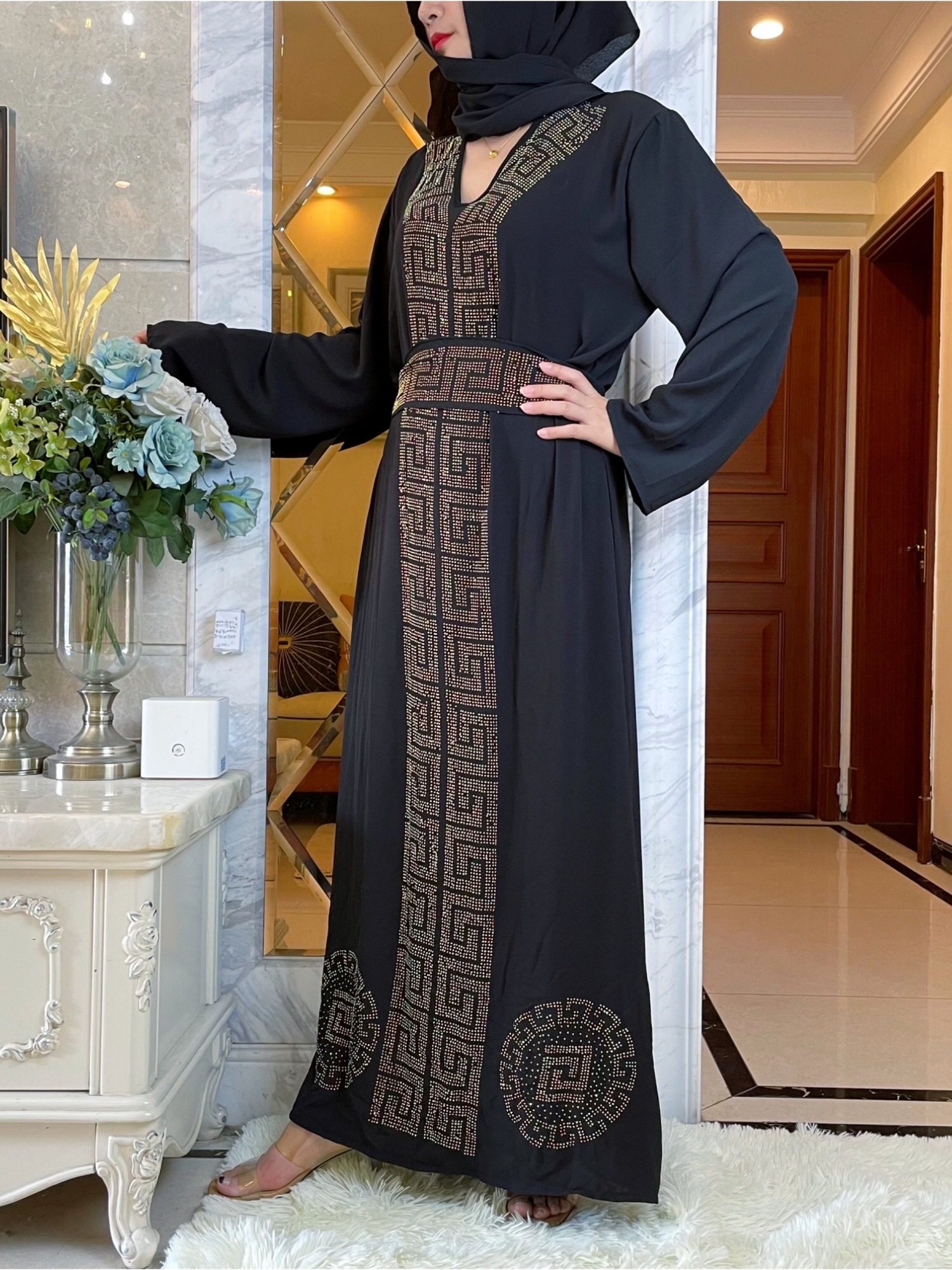 Ethnic Clothing African Autumn Abaya For Women Dubai Islamic Dress Black Diamonds Long Sleeve Arab Muslim Evening Dress Party Clothing 230325