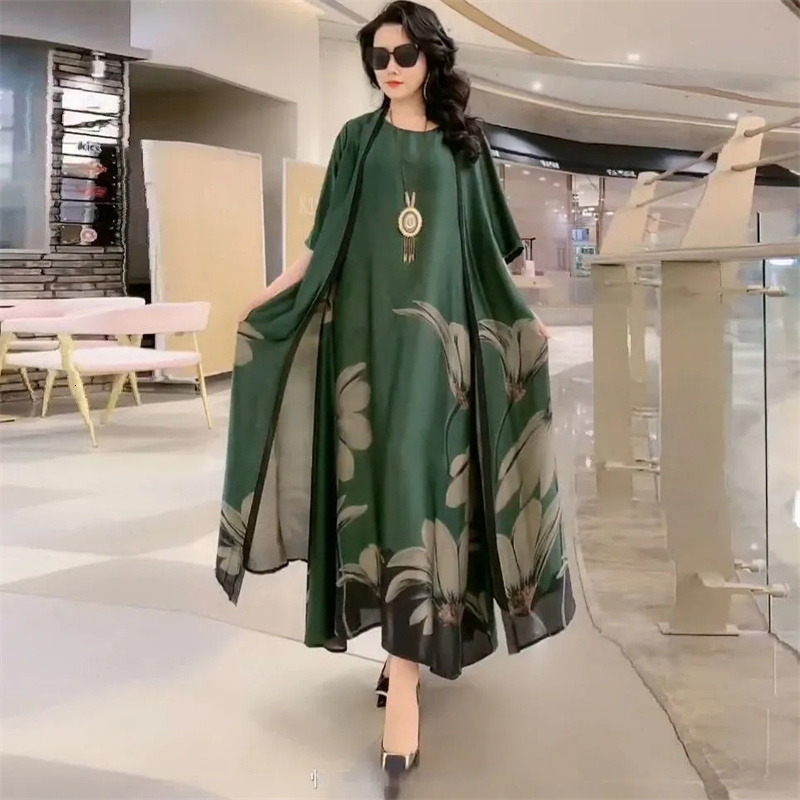 Two Piece Dress Middle Aged Mother Suit Summer Casual Fashion Printing Suits Long Women Temperament Sets 729 230325