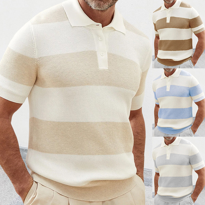 Men's Polos Summer T Shirt Fashion Stitch Striped Polo Shirt Men Formal Single Breasted Slim Shirts Mens Short Sleeve Lapel Pullover 230325