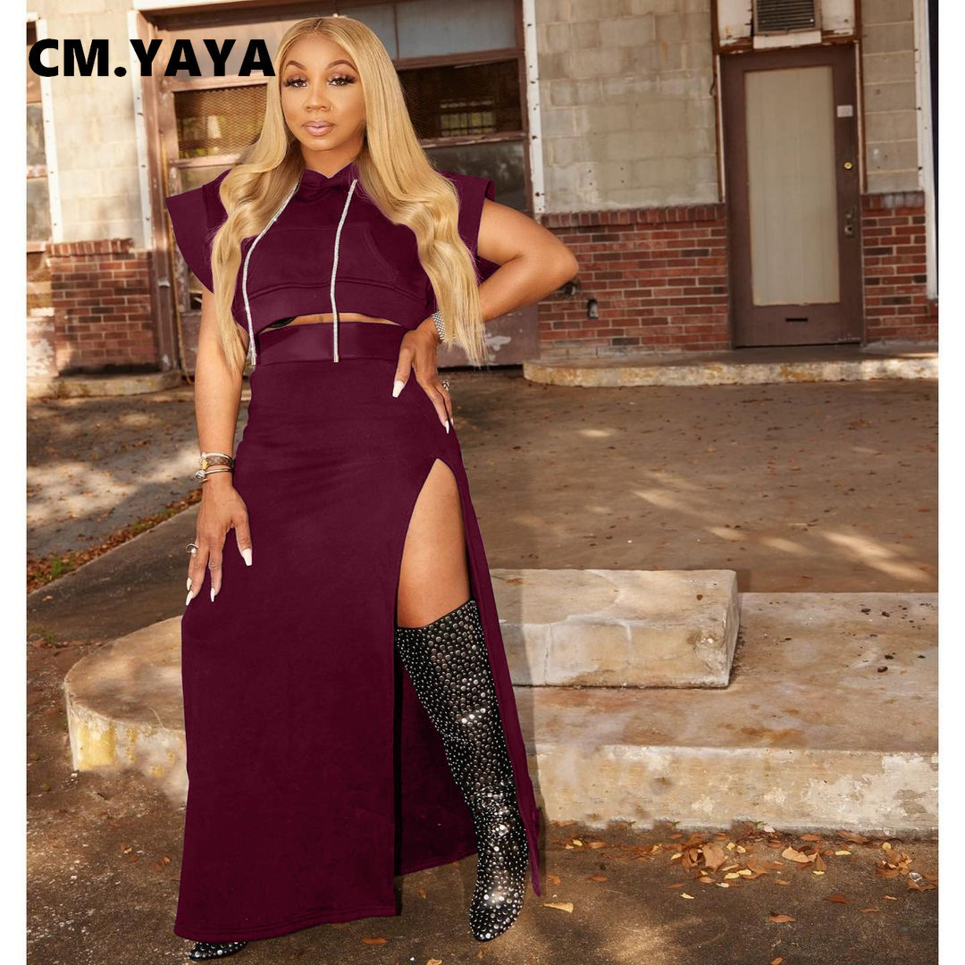 Two Piece Dress CM.YAYA Street Basic Women's Set Flare Sleeve Hooded Tops and High Side Maxi Skirts Suit Matching 2 Outfits 230325