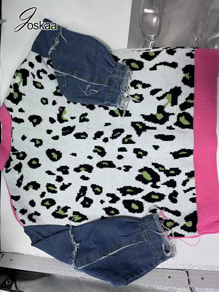 Women's Knits Tees Joskaa Women Knitted Oversized Sweaters 2023 Denim Patchwork Leopard Vneck Long Sleeve Cardigans Coat Female Outwear Streetwea