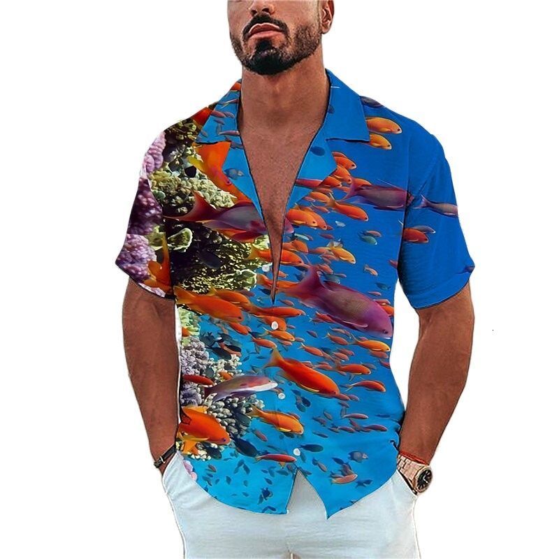 Mens Casual Shirts Marine Life Printing Tees Beach Vacation Style Hawaiian Fashion Lapel Single-Breasted Leisure Short SleeveTops