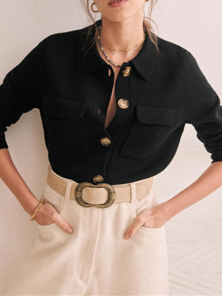 Women's Knits Tee TurnDown Collar Solid Color Shirt Sweater Long Sleeve Ladies Cardigan with Double Pockets 230324