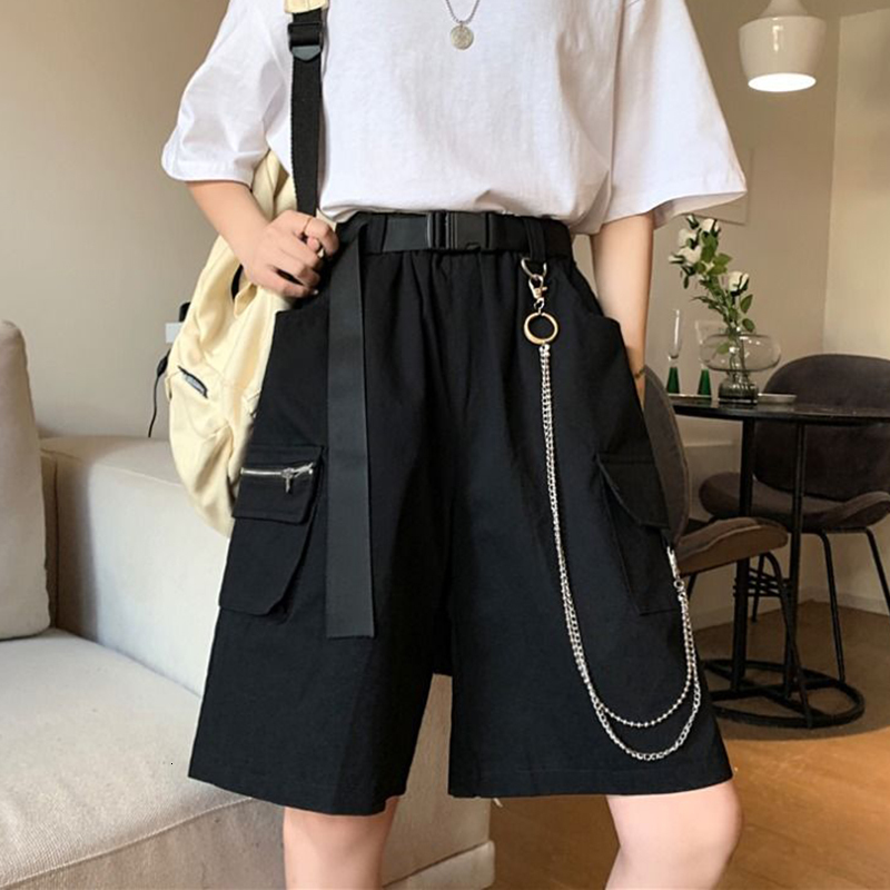 Women's Shorts Rimocy Harajuku Chain Cargo Shorts Women Summer Big Pockets Wide Leg Shorts Woman Black High Waist Streetwear Shorts Female 230325