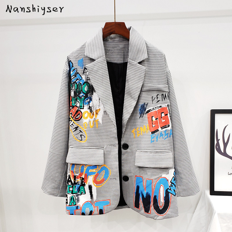 Women's Suits Blazers Autumn Fashion Plaid Blazer Women Letter Graffiti Print Outerwear Female Casual Jacket Chic Korean Coats 230325
