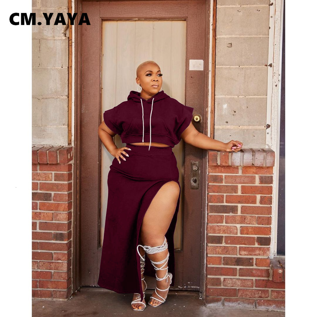 Two Piece Dress CM.YAYA Street Basic Women's Set Flare Sleeve Hooded Tops and High Side Maxi Skirts Suit Matching 2 Outfits 230325