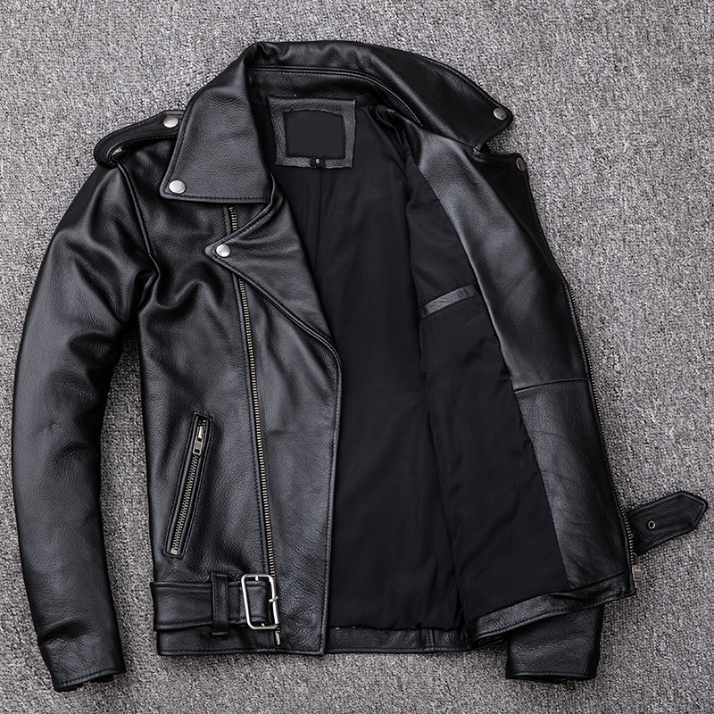 Men's Leather Faux Spring Classical Motorcycle oblique zipper Jackets Men Natural Calf Skin Thick Slim Cowhide Moto man zxdas 230324