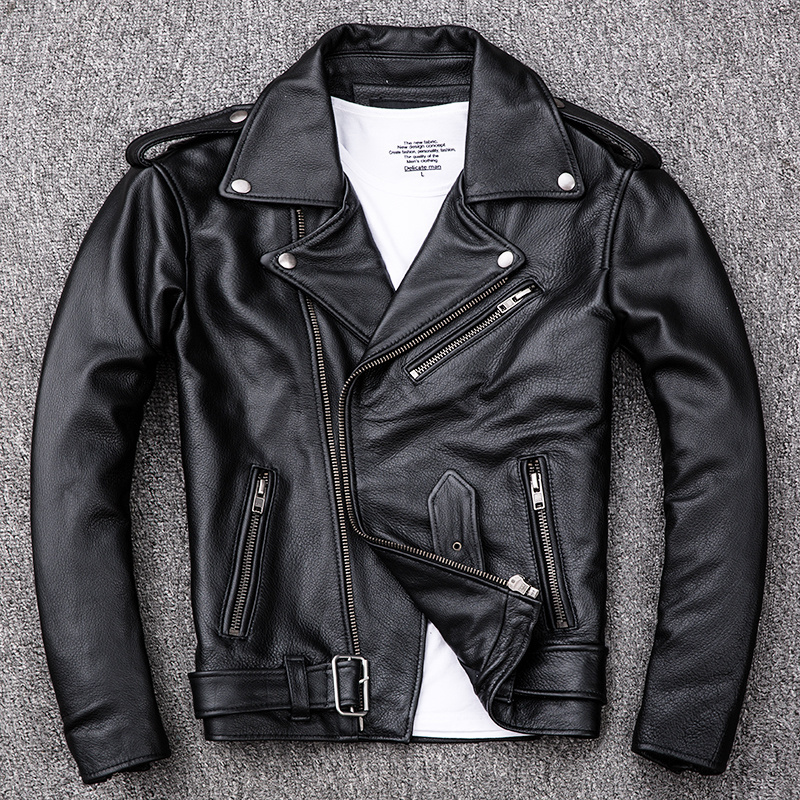 Men's Leather Faux Spring Classical Motorcycle oblique zipper Jackets Men Natural Calf Skin Thick Slim Cowhide Moto man zxdas 230324