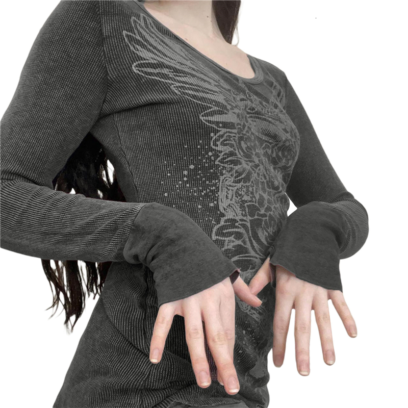 Women's T-Shirt Xingqing 2000s Graphic T Shirt Vintage Fairy Grunge Floral Wings Print Long Sleeve Tops y2k Women Clothes Basic Harajuku Tee 2303