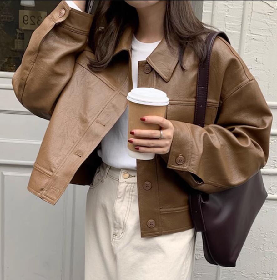 Women's Jacket Handsome TurnDown Collar Black PU Leather 2023 Spring Button Up Basic Short Motor Biker Outwear s549 230324