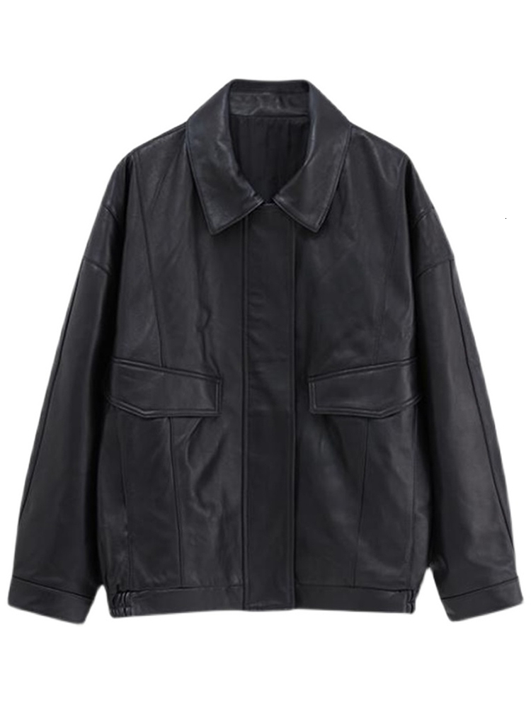 Women's Jackets Lautaro Spring Autumn Cool Retro Casual Oversized Black Waterproof Soft Faux Leather for Women Zipper Elastic Waist 230324