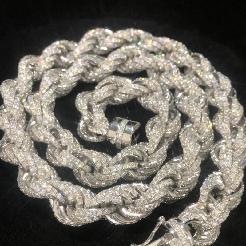 Moissanite Chains 12mm 18-24inch 925 Sterling Silver Passed Test Moissanite Rope Chain Necklace for Women/Men Nice Gift