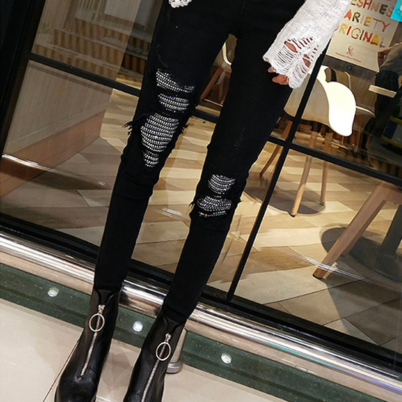 Women's Jeans Spring Autumn Hole Sequined Women Streetwear High Elastic Stretch Skinny Pencil Pants Female Denim Trousers 230325