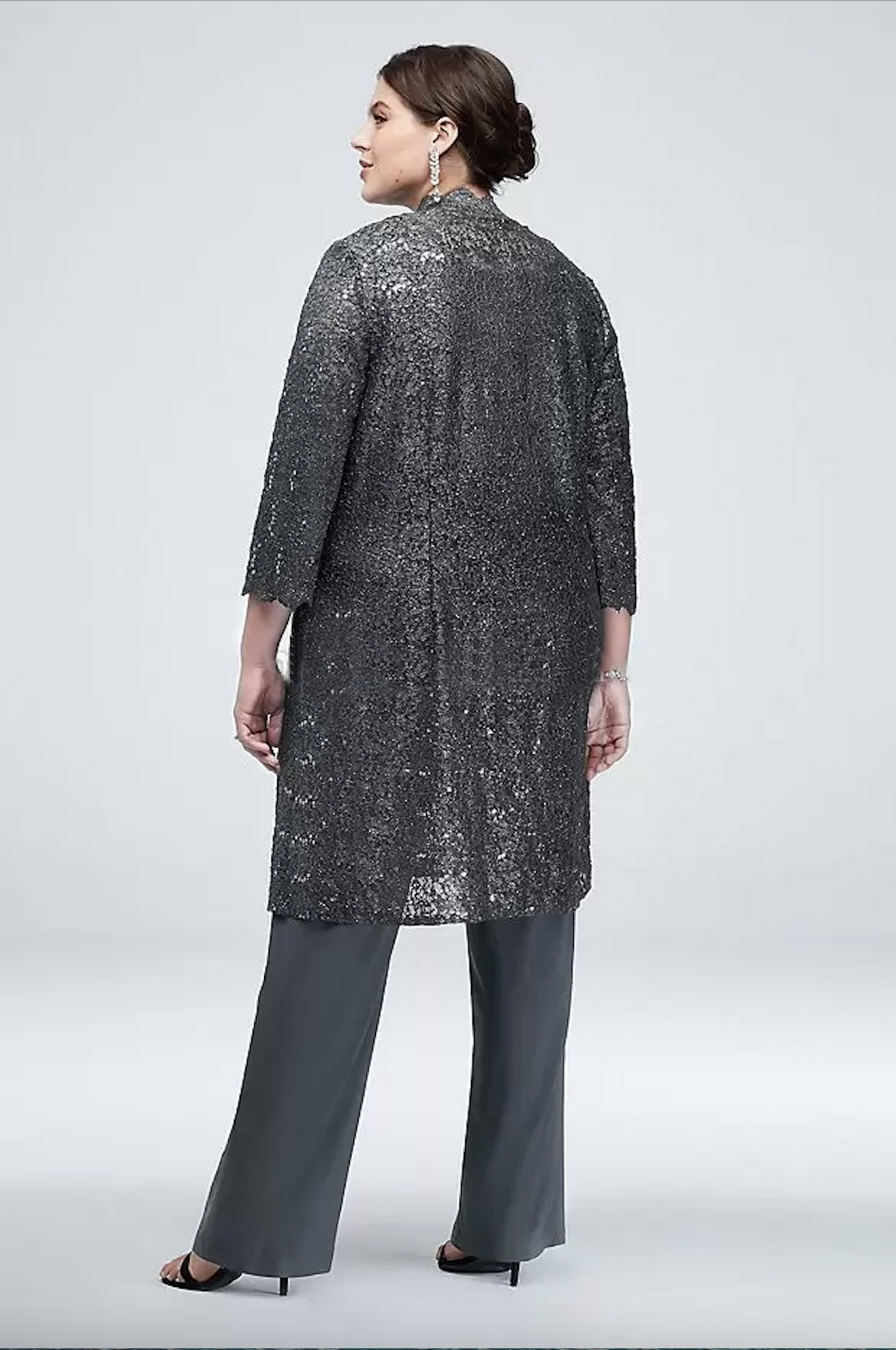 Plus Size Sequined Lace Mother of the Bride Pant Suit with Jacket - Chiffon Wedding Guest Outfit in Sparkly Design
