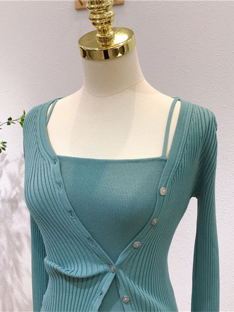 Two Piece Dress Women Bodycon 2 Set Spaghetti Strap Slim Knit Long Sleeve Button Cardigan Suits Fashion Solid Outfits C-113 230325