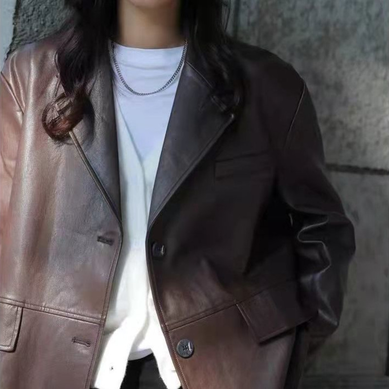Women's Jacket Fashion Front Button Faux Leather Blazer Coat Spring Vintage Long Sleeve Flap Pockets Female Outerwear Chic Veste Femme 230324