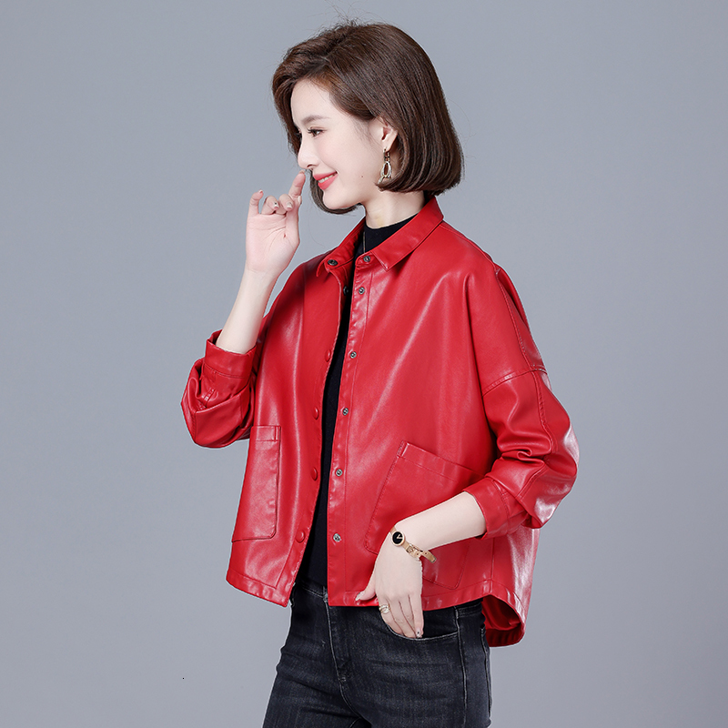 Women's Jackets chic Women PU leather blouses 2023 Spring Autumn Black Faux Leather Basic Coat Turndown Collar Motor Biker Jacket 230324