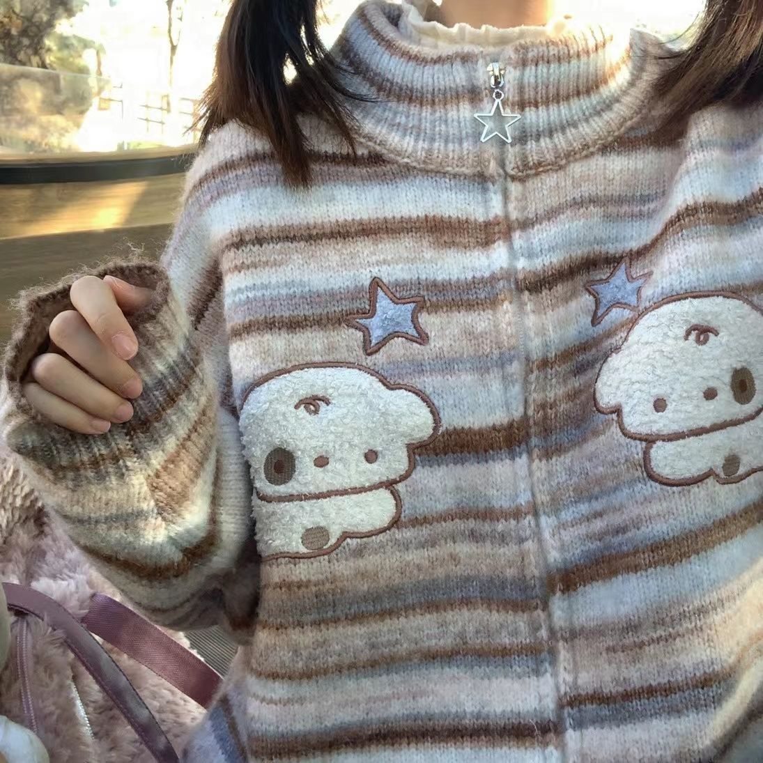 Women's Knits Tees Harajuku Knitted Cardigan Femme Striped Autumn Zipper Y2k Aesthetic Japanese Kawaii Dog Embroidery Womens 230324