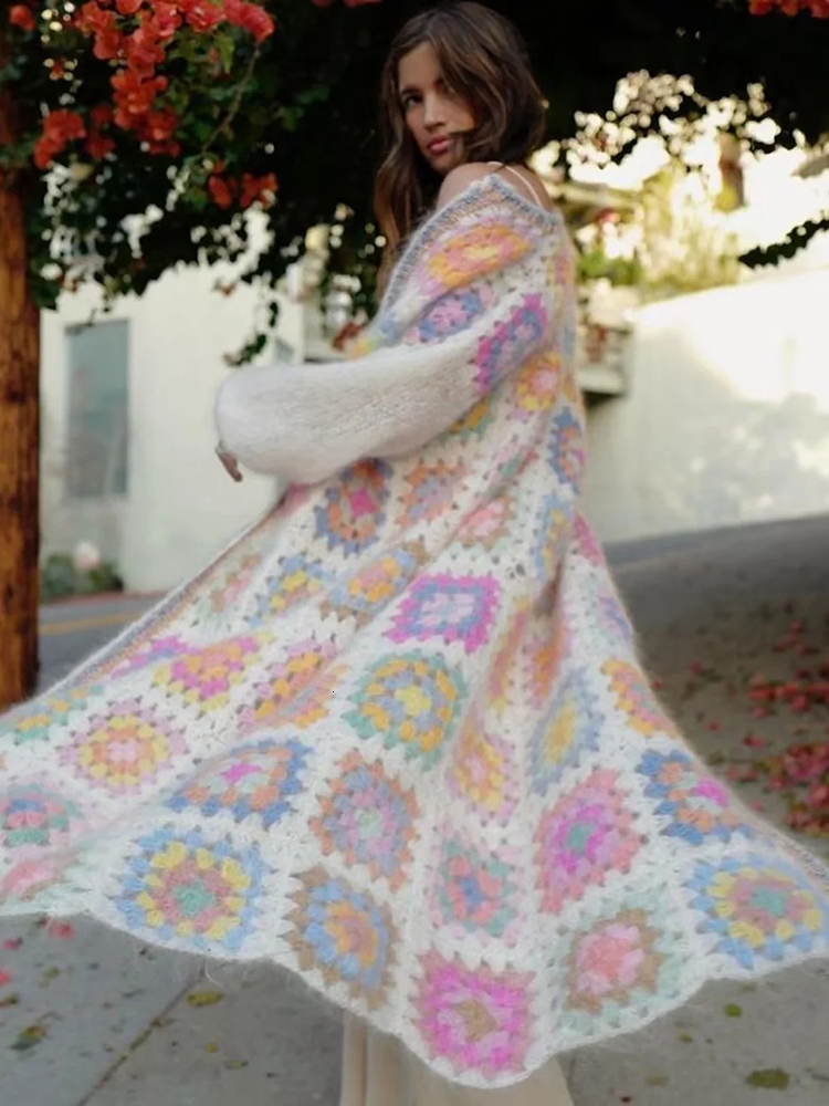 Women's Knits Tees GypsyLady Vintage Handmade Kintted Sweater Cardigan Multicolor Crochet Women Winter Beige Long Outerwear Coat 230324