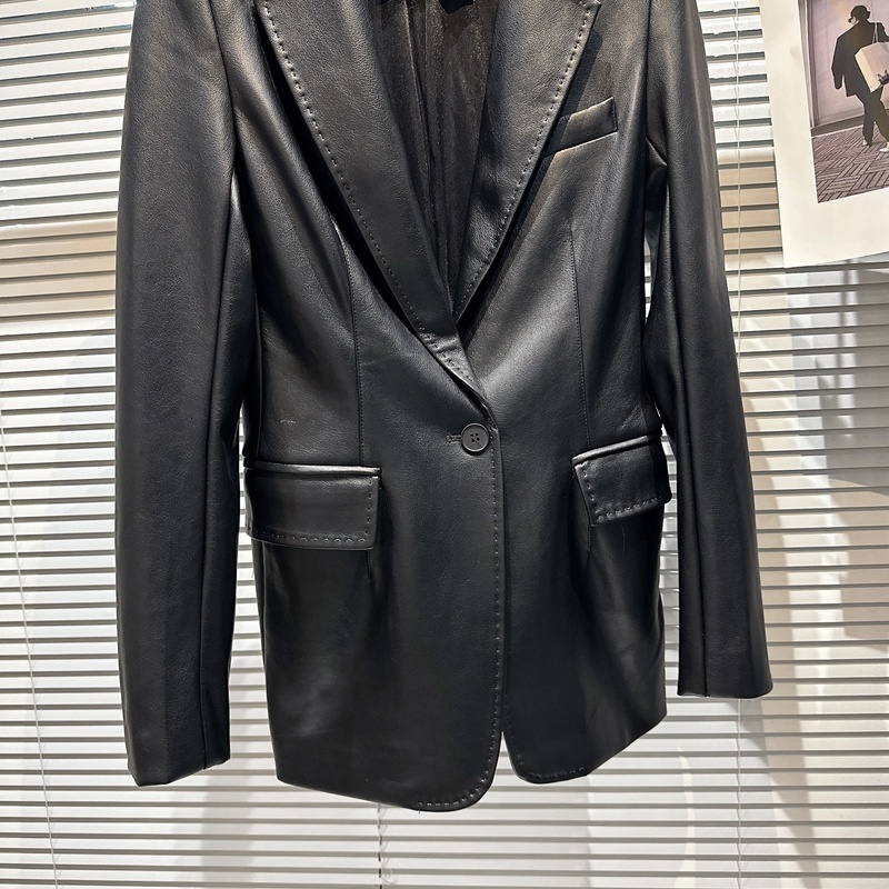 Women's Jackets BORVEMAYS 2023 Spring Fashion Trend Black Coat Lapel Single Button Solid Color PU Leather Loose Allmatch Jacket Women 230324