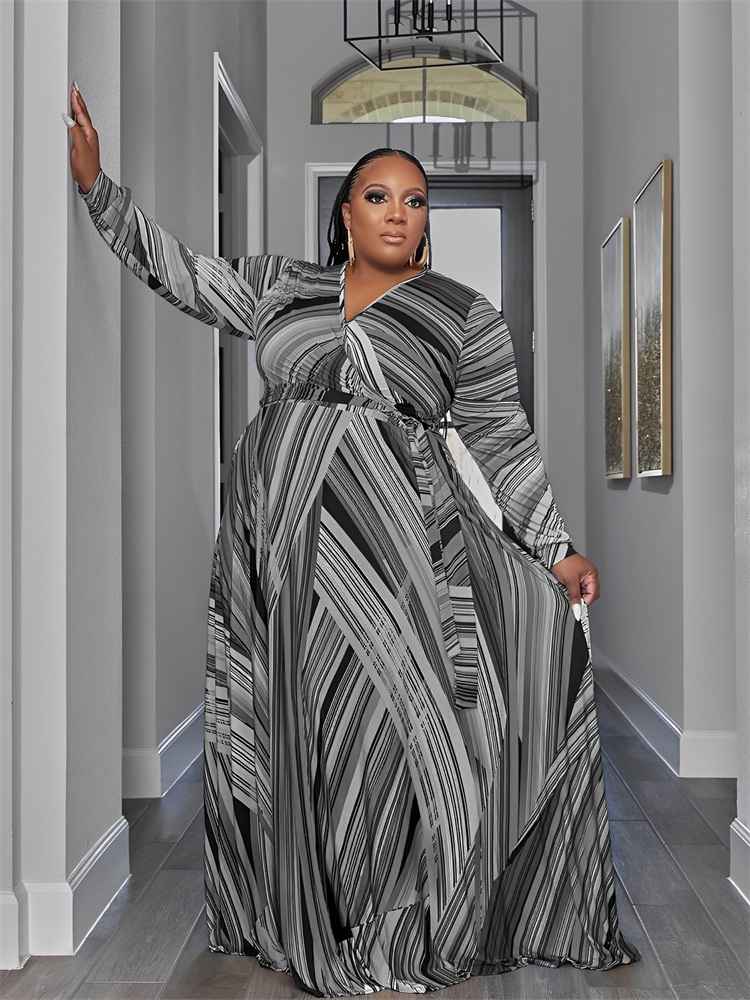 Stylish Plus Size V Neck Long Sleeve Tie Dye Print Maxi Dress Women Elegant And Comfortable Perfect For Any Ocn