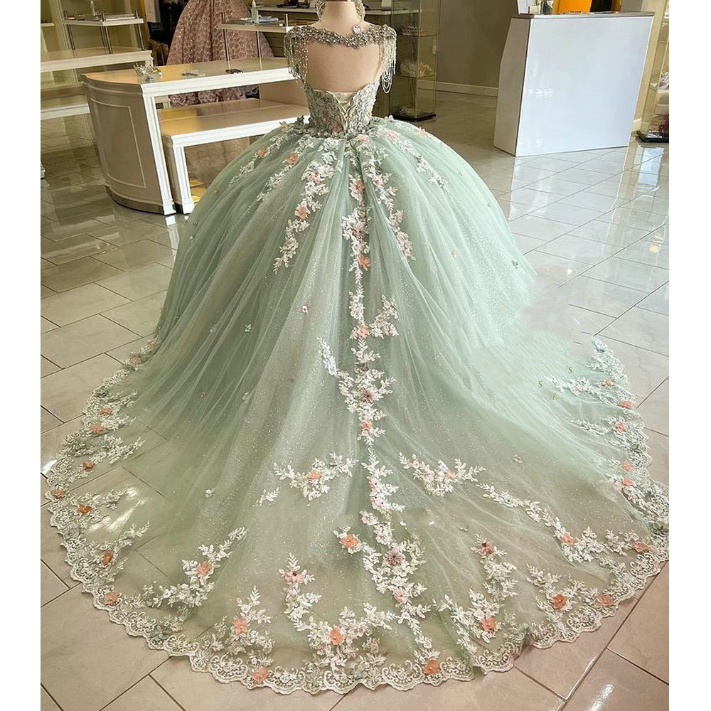 Mint Green 3D Floral Applique Quinceanera Dresses Straps Beaded Long Tulle Ball Gown Lace Princess Sweet 15 Special Dress Corset Party Prom Ball Gown 
