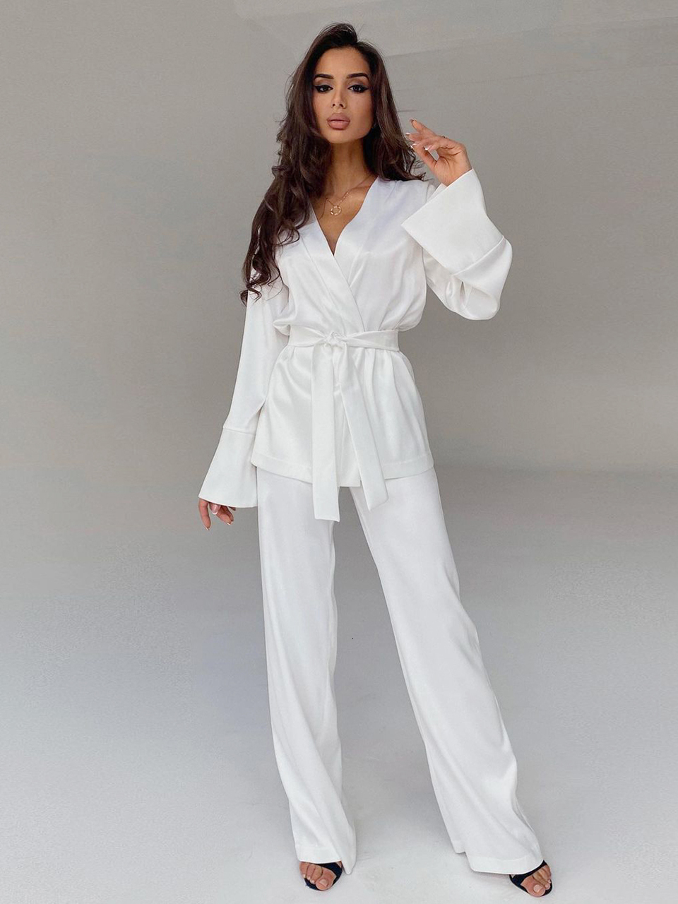 Women's Sleepwear Solid Color Pajamas For Women Robe Sets Full Sleeves Women's Home Clothes Trouser Suits Satin Nightgowns Spring Loungewear