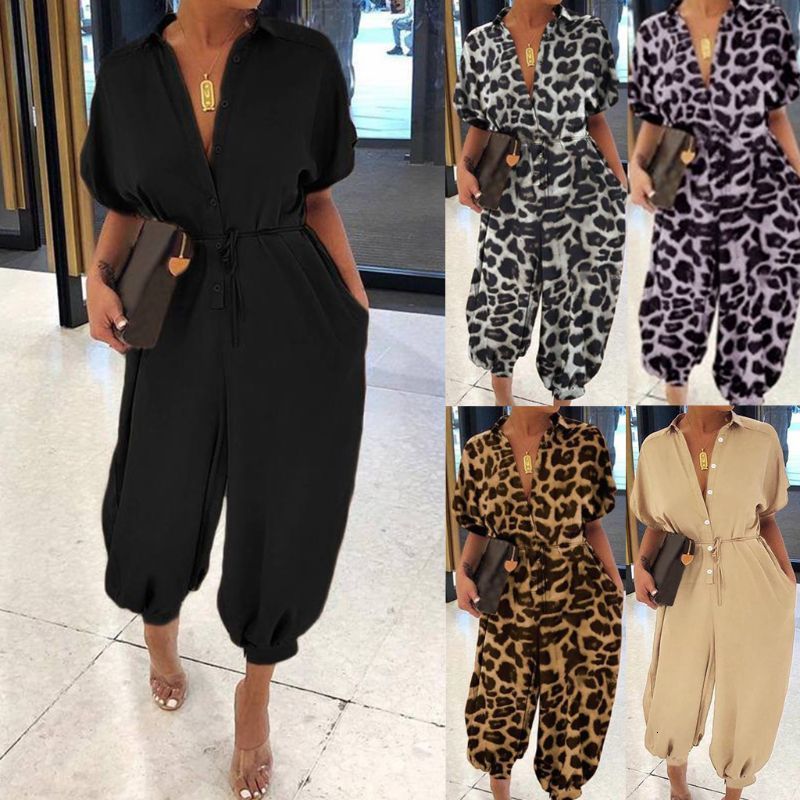 Women's Jumpsuits Rompers Women Short Sleeve Harem Pants Jumpsuit Sexy Button Front Leopard Loose Rompers 230325