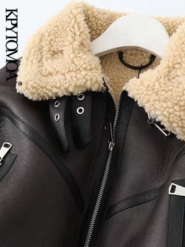 Women's Jackets KPYTOMOA Women Fashion Thick Warm Faux Shearling Jacket Coat Vintage Long Sleeve Belt Hem Female Outerwear Chic Tops 230325