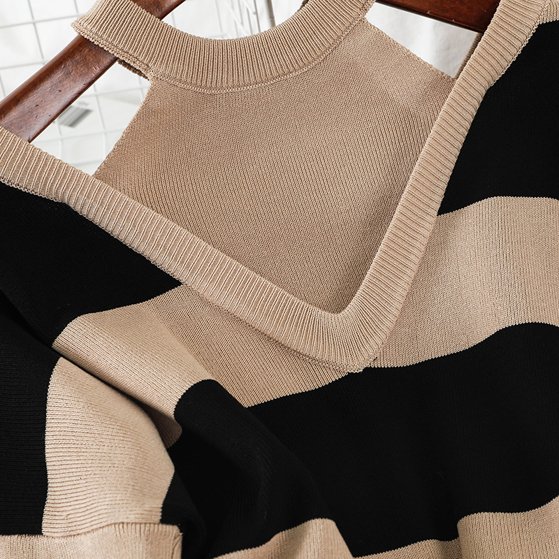 Women's Two Piece Pants Autumn 2PCS Set Women Knitted Pullovers Sweater Halter Stripe Jumper Tops Wide Leg Long Pants Suits Tracksuits 230325