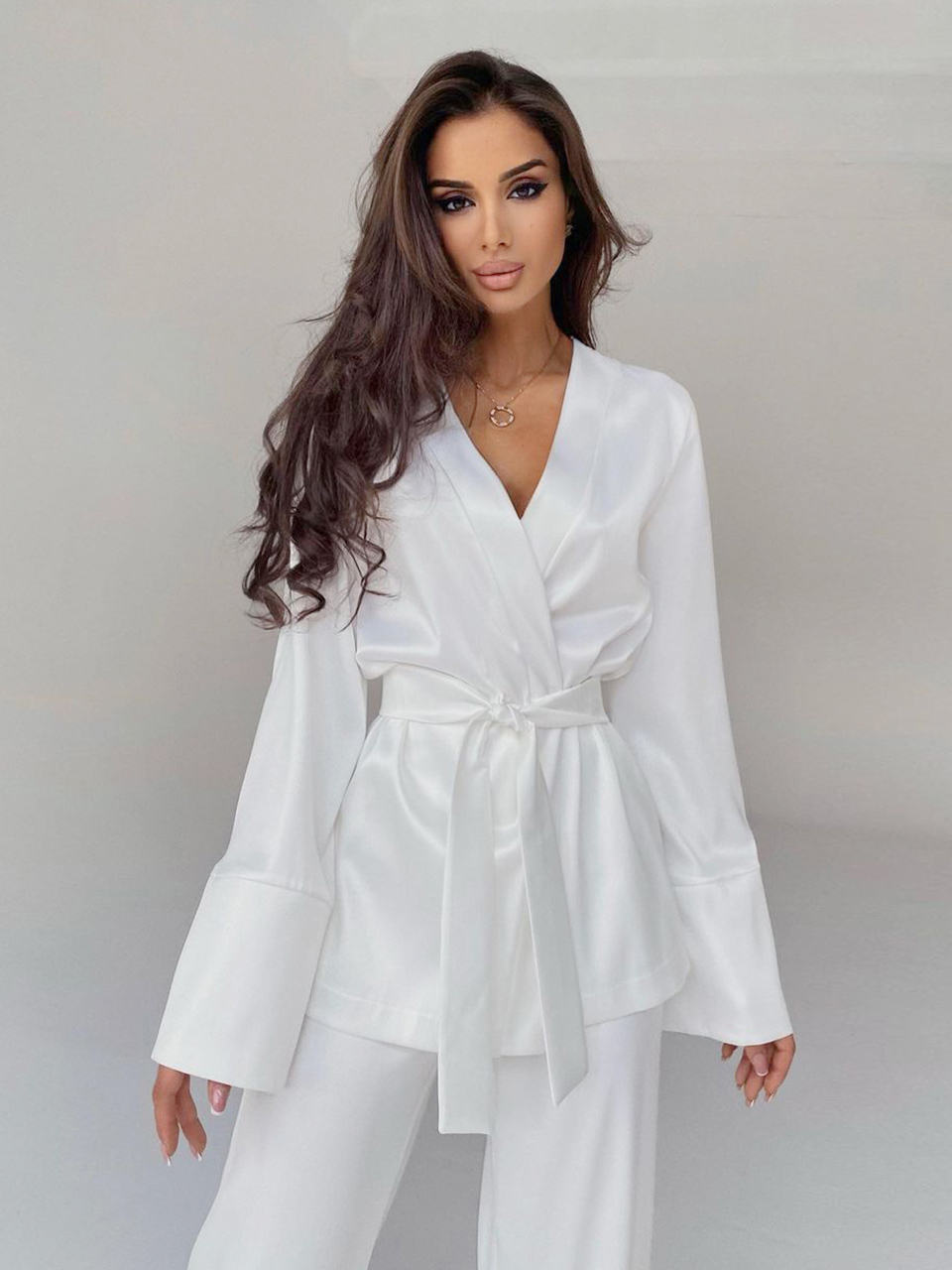 Women's Sleepwear Solid Color Pajamas For Women Robe Sets Full Sleeves Women's Home Clothes Trouser Suits Satin Nightgowns Spring Loungewear