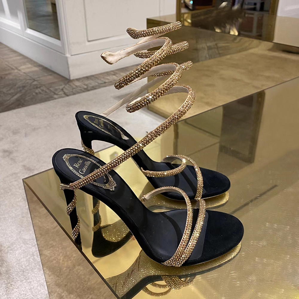Rene caovilla Margo Heels Sandals Rhinestone embellished Snake stiletto Heel sandals Women's Luxury Designers Ankle Wraparound shoe factory footwear 95mm With box