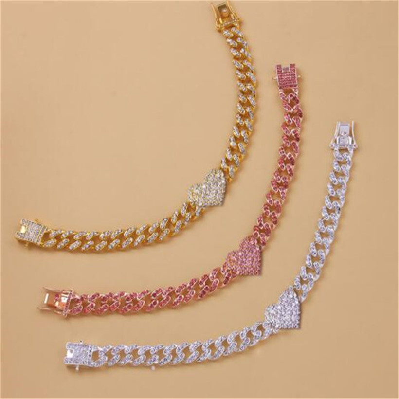 New Fashion Anklets Hip Hop Crystal Heart-Shaped Anklet For Women Bracelet Men Miami Cuban Link Chunky Wholesale Foot Chain Iced Out