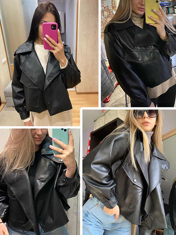 Women's Jackets FTLZZ Spring Women Faux Leather Jacket Biker Red White Coat Turndown Collar PU Motorcycle Loose Streetwear Outerwear 230325