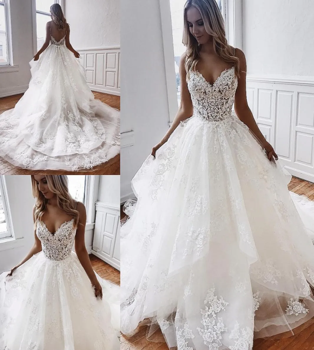 Gorgeous Wedding Dresses Bridal Gown Lace Applique Spaghetti Straps Tiered Skirt Plus Size Custom Made Garden Beach Vestido De Novia