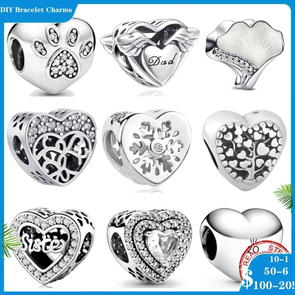 S925 siver beads charms for charm bracelets designer for women eart-shaped tree dad sister