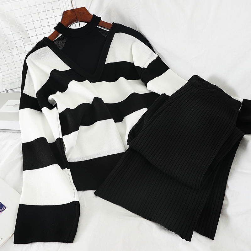 Women's Two Piece Pants Autumn 2PCS Set Women Knitted Pullovers Sweater Halter Stripe Jumper Tops Wide Leg Long Pants Suits Tracksuits 230325