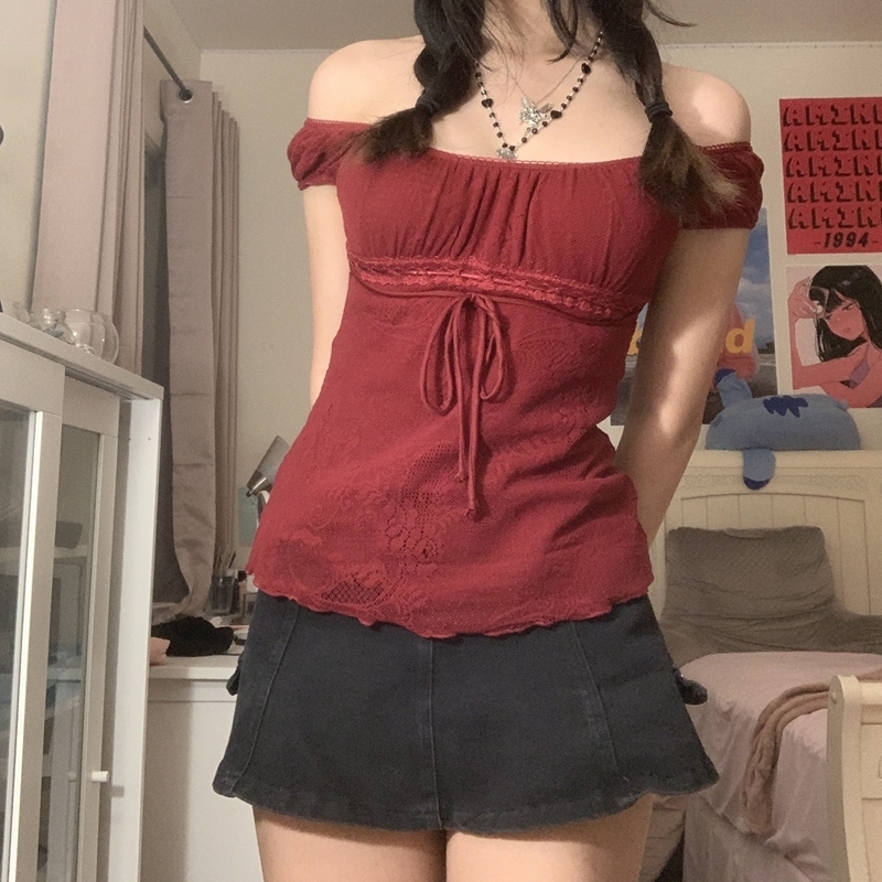 Women's T-Shirt Elegant Lady Square Collar T-shirt Kawaii Bow Short Sleeve Pullovers Tees Y2K Vintage Fairy Grunge Women Crop Top Retro Clothes 2