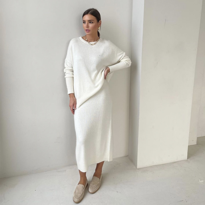 Two Piece Dress Hirsionsan Soft Vintage Lace Up Women Suits 2 Pieces Female Sets with Belt V Neck Cardigan Midi Ladies Knitted TrackSuit 230325