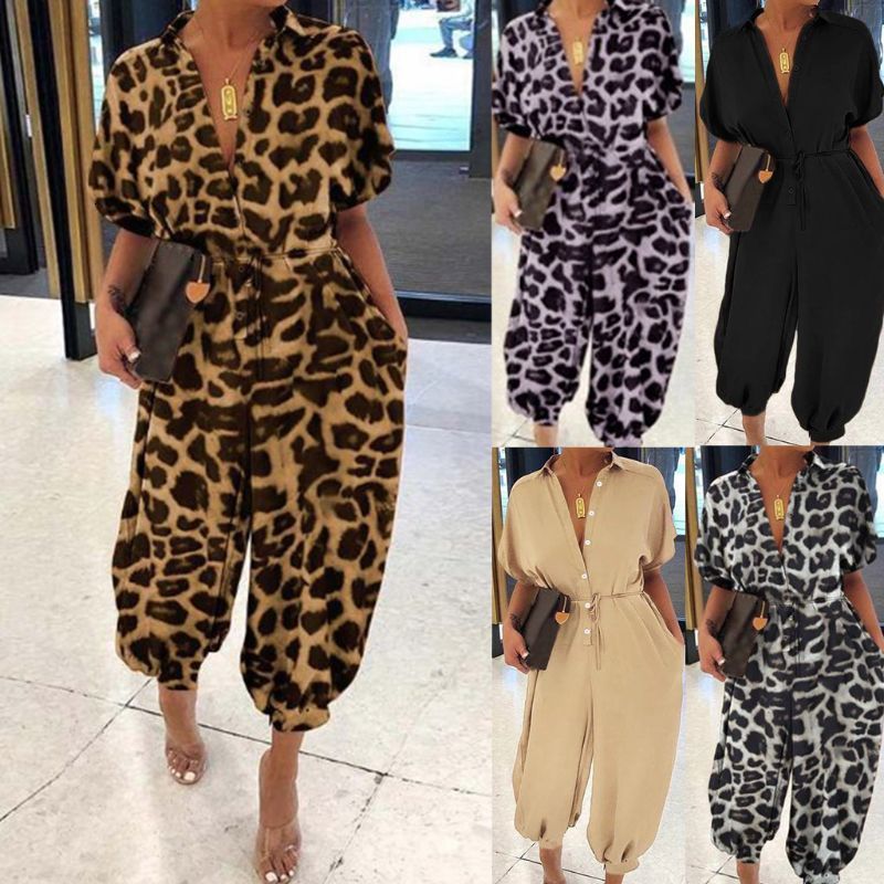 Women's Jumpsuits Rompers Women Short Sleeve Harem Pants Jumpsuit Sexy Button Front Leopard Loose Rompers 230325