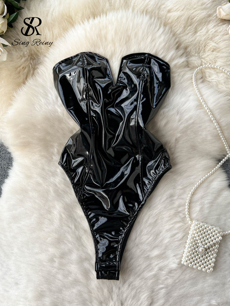 Women's Jumpsuits Rompers SINGREINY PU Leather Sexy Bodysuits Women Sleeveless Zipper Slim Rompers Summer Streetwear French Style Holidy Vintage 