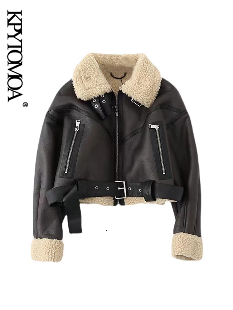 Women's Jackets KPYTOMOA Women Fashion Thick Warm Faux Shearling Jacket Coat Vintage Long Sleeve Belt Hem Female Outerwear Chic Tops 230325