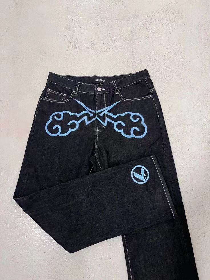 Women's Jeans Straight Star Printed Jeans Womens Loose Denim Pants Blue Washed Cargo Pants Y2k Retro High Street Fashion High Waist Jeans 230325