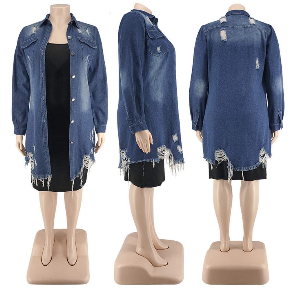 Women's Plus Size Outerwear Coats Street Wear Fashion Plus Size Women's Jacket 4xl 5xl Cardigan Tassel Pocket Ripped Sexy Denim Trench Coat 