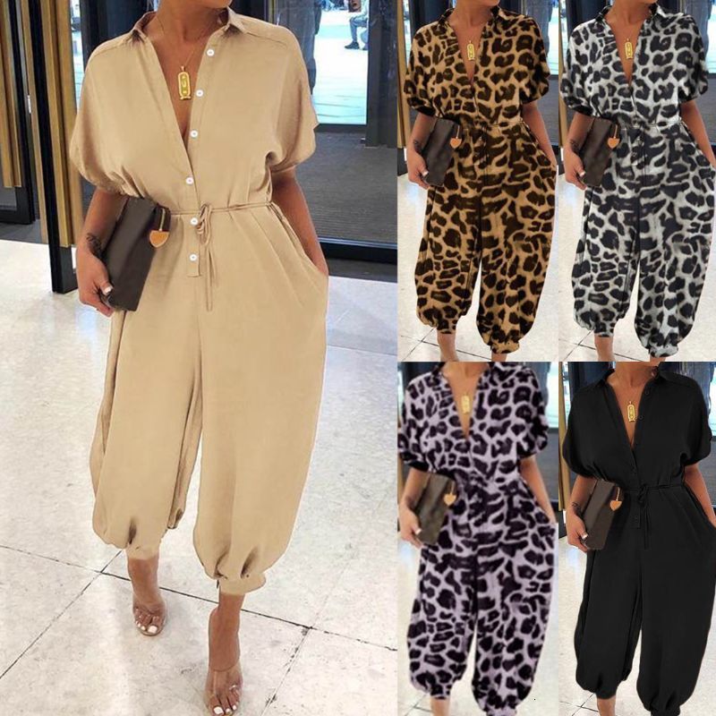 Women's Jumpsuits Rompers Women Short Sleeve Harem Pants Jumpsuit Sexy Button Front Leopard Loose Rompers 230325