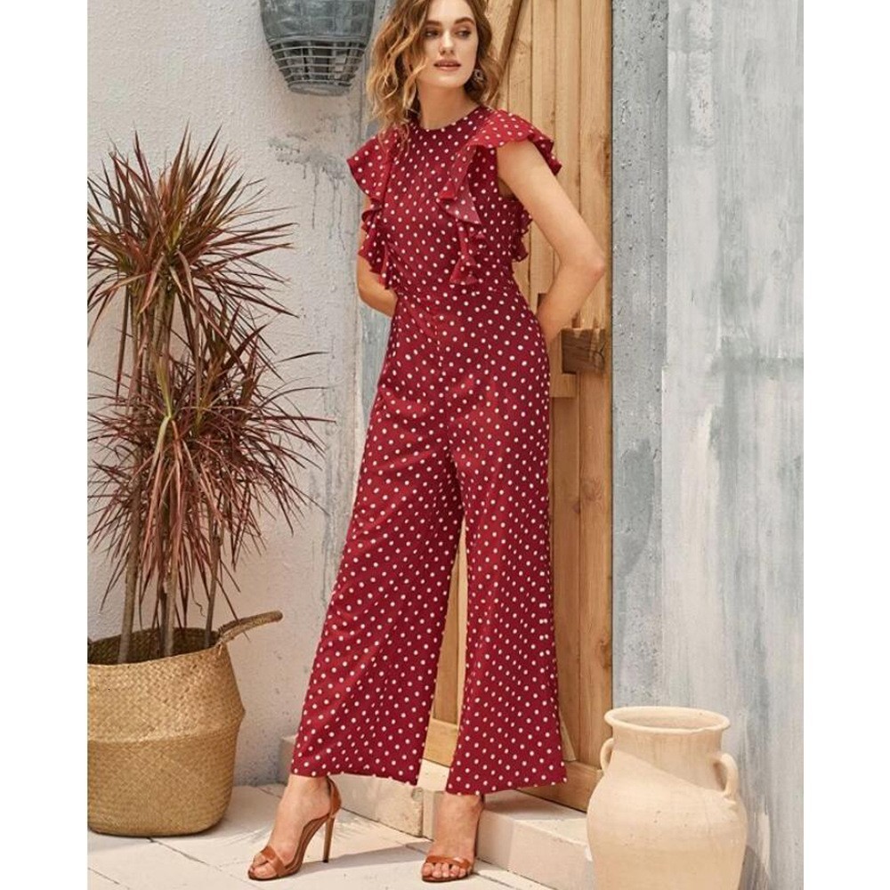 Women's Jumpsuits Rompers Elegant Short Sleeve Crew Neck Jumpsuit for Women Bohemian Wave Point Loose Long Wide Leg Pants Travel Party Summer 230