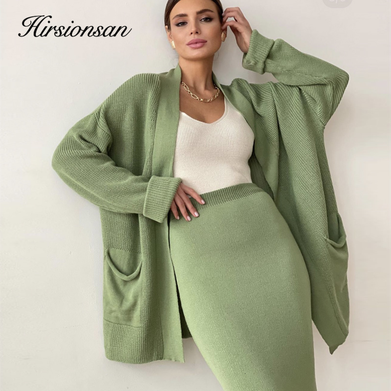 Two Piece Dress Hirsionsan Soft Vintage Lace Up Women Suits 2 Pieces Female Sets with Belt V Neck Cardigan Midi Ladies Knitted TrackSuit 230325