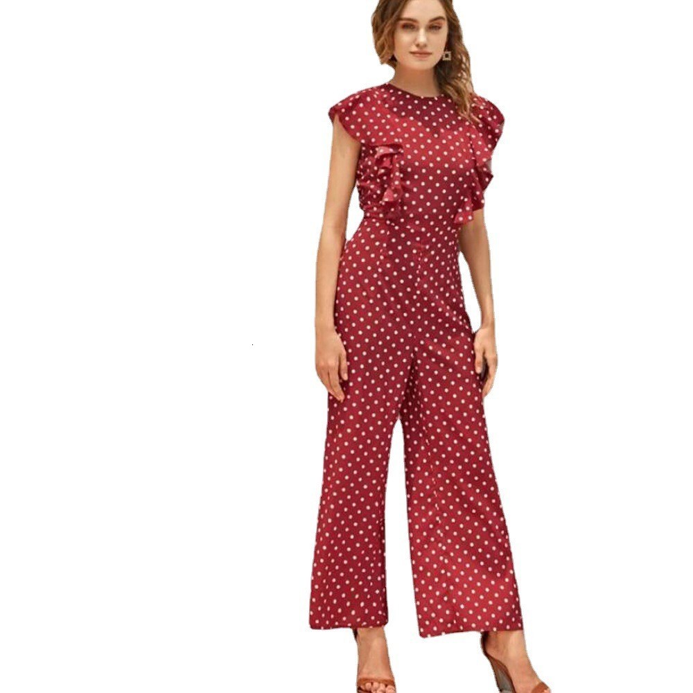 Women's Jumpsuits Rompers Elegant Short Sleeve Crew Neck Jumpsuit for Women Bohemian Wave Point Loose Long Wide Leg Pants Travel Party Summer 230