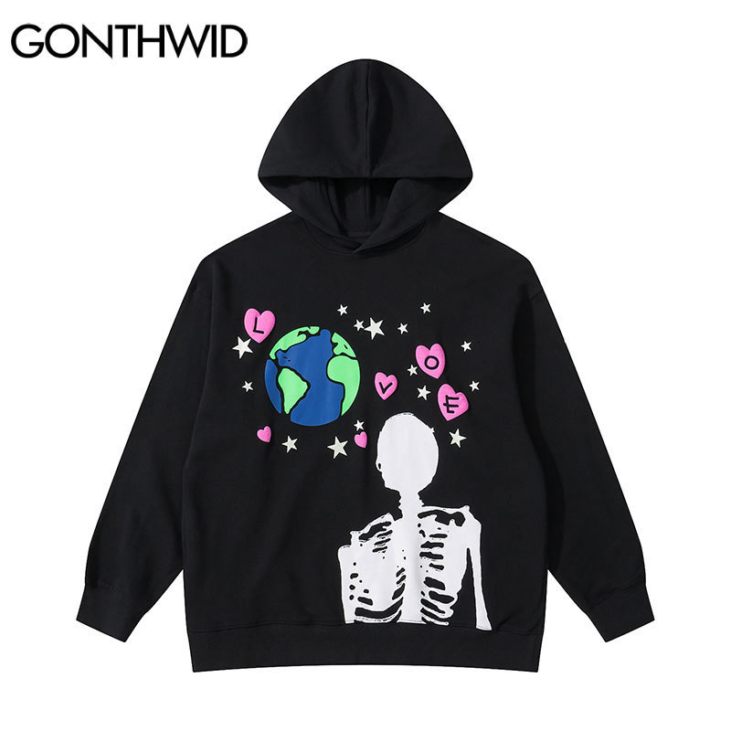 Men's Hoodies Sweatshirts GONTHWID Hip Hop Hoodie Sweatshirt Streetwear Earth Skeleton Print Punk Gothic Hooded Winter Harajuku Cotton Pullover B